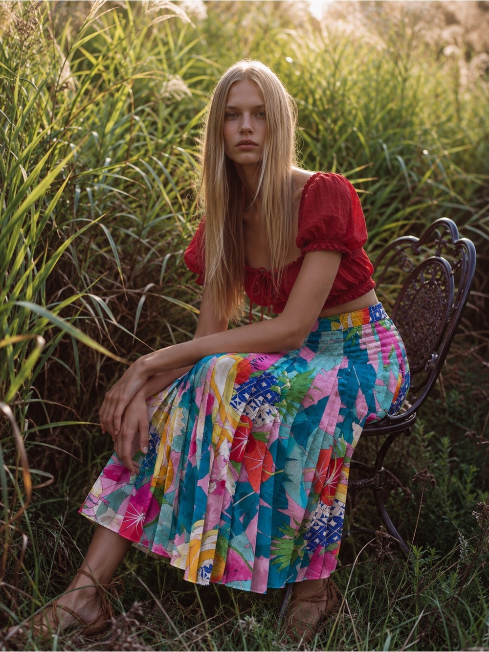 80’s 100% silk fruit print knife pleated midi/maxi skirt